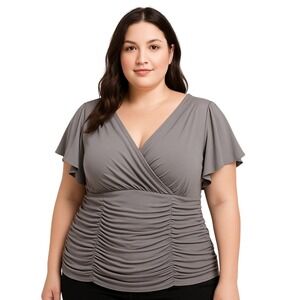 Alfred Angelo Blouse Grey Ruched Flutter Sleeve‎ V-Neck Cocktail Evening Chic